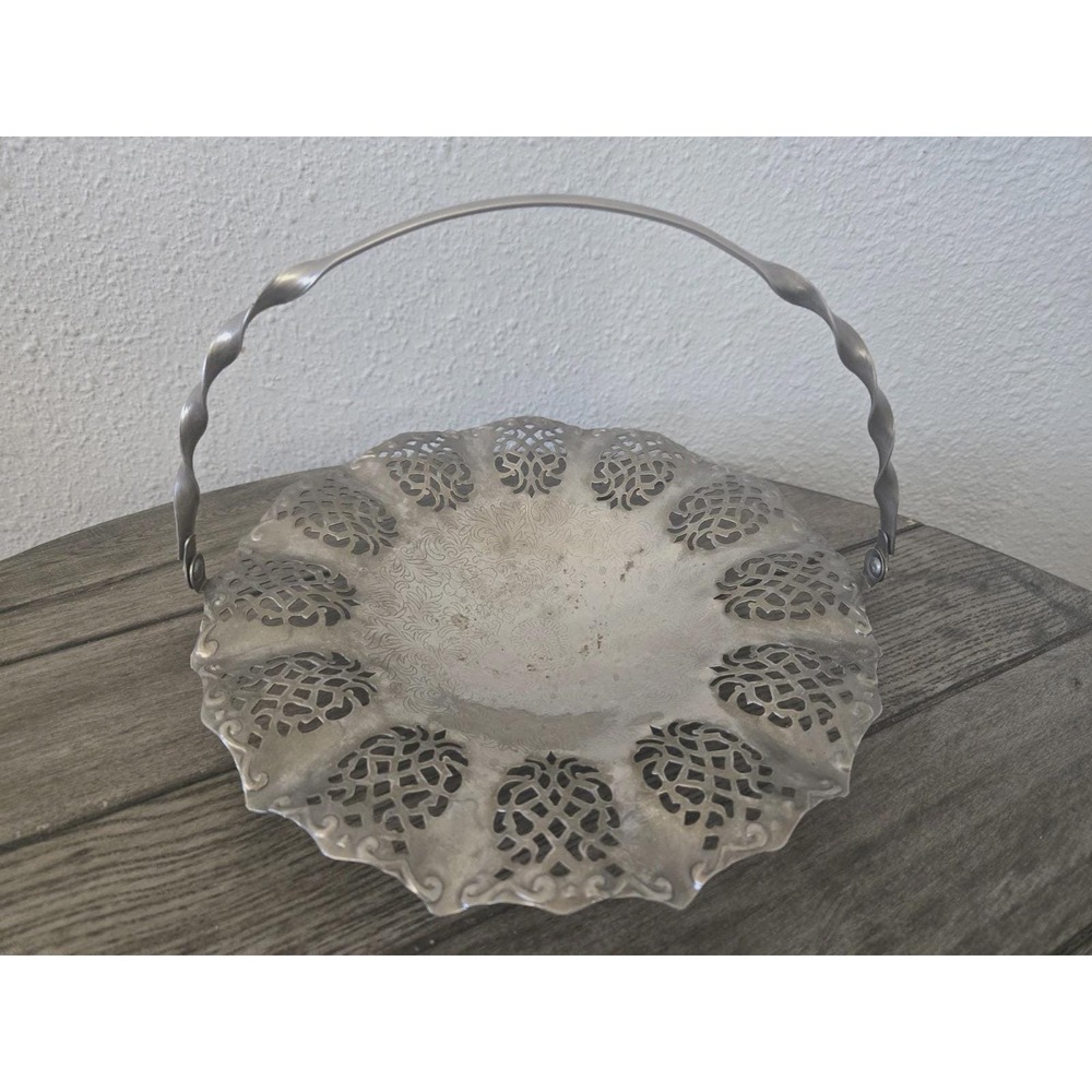 Vintage Interpur Silver Plated Basket Swing Handle Pierced Filigree Basket Dish